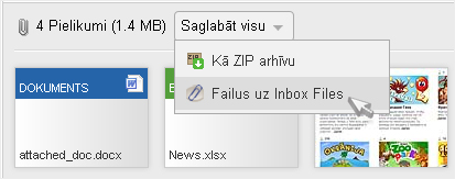 Pielikumu saglabāšana no pasta Inbox Files servisā