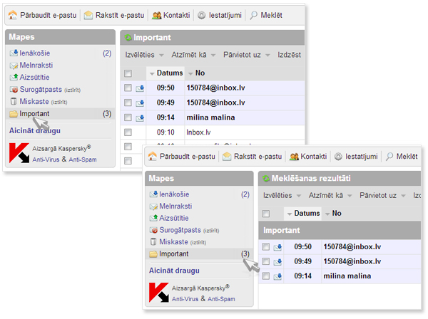 Inbox Mail: visu neizlasīto vēstuļu caurskatīšana mapē