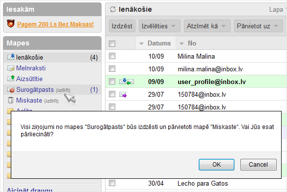 Inbox Mail: izmaiņas surogātpasta mapē