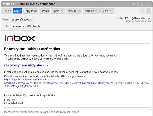 Inbox.lv password recovery via e-mail